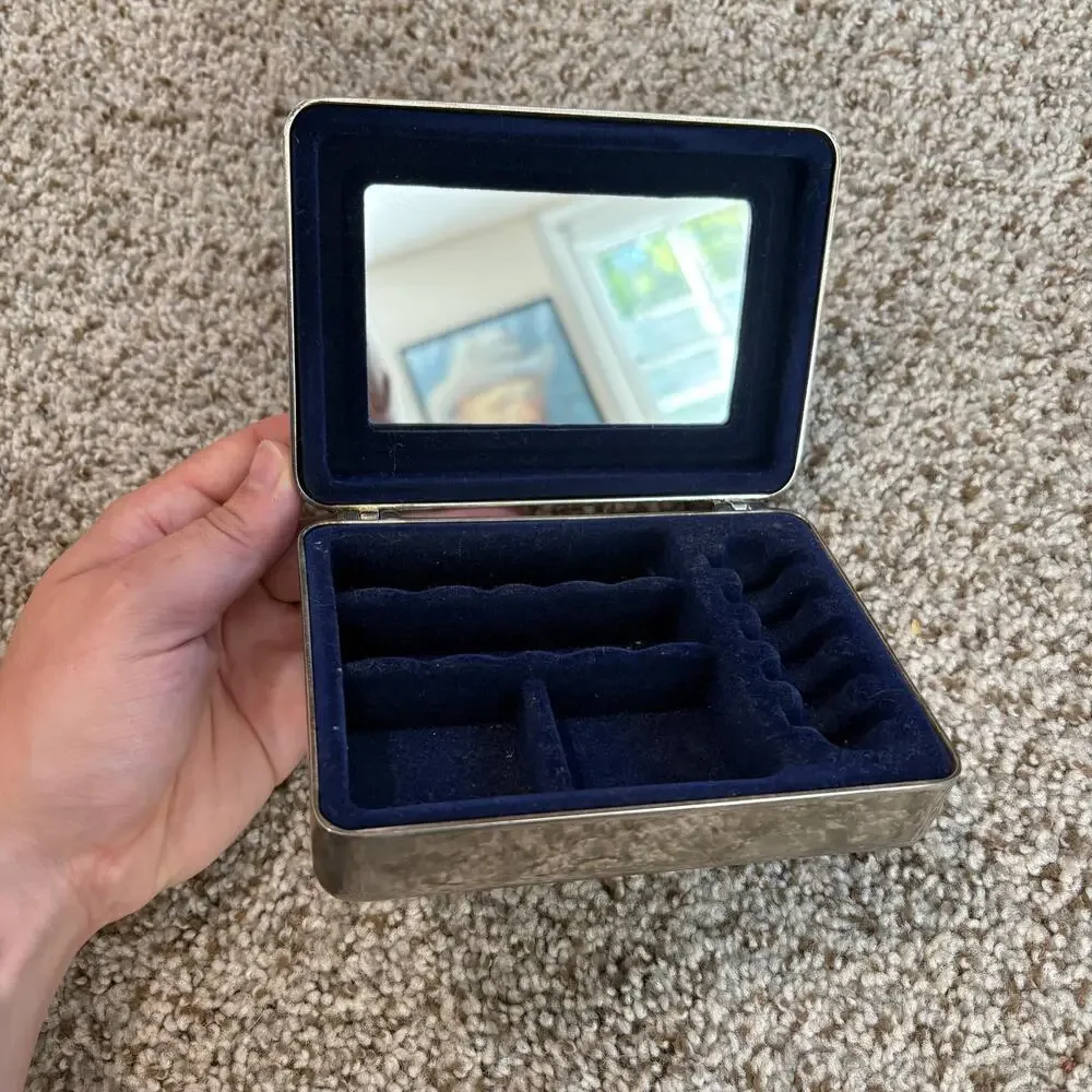 Vintage Silver-Plated Jewelry Box Gold Tone Bow, Blue Felt Interior with Mirror